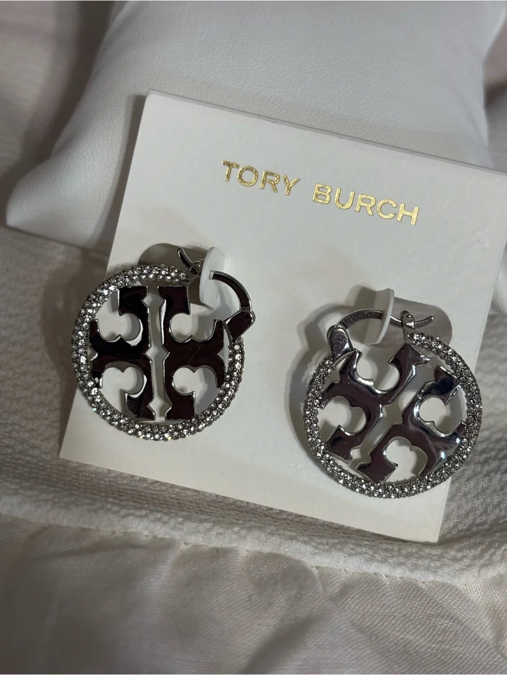 Tory Burch Silver Crystal Logo Hoop Earrings